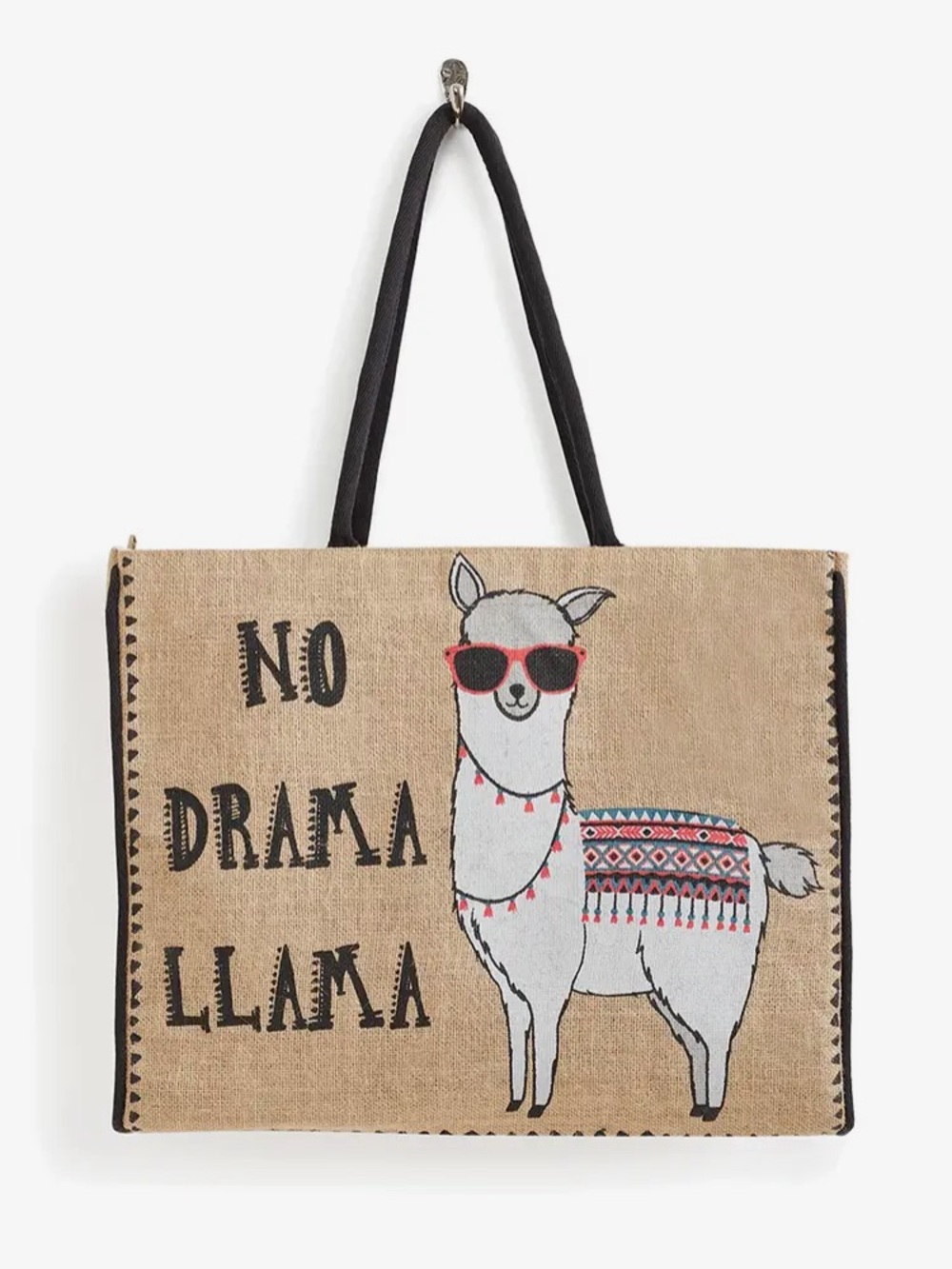 Burlap No Drama Llama Tote Bag - Beige with Black Handles Plastic-Lined